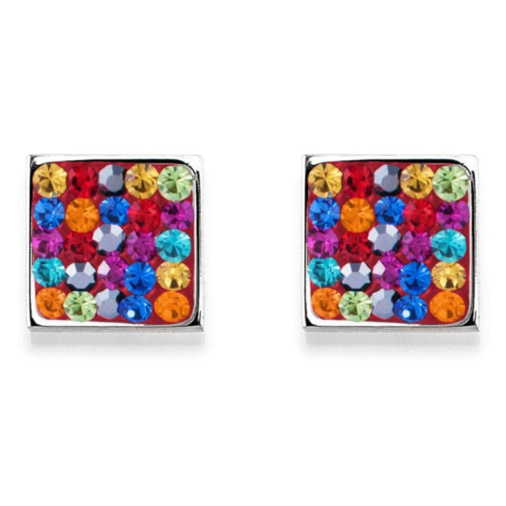 Square Earrings with Stickpin & Multicolour Swarovski Crystals
