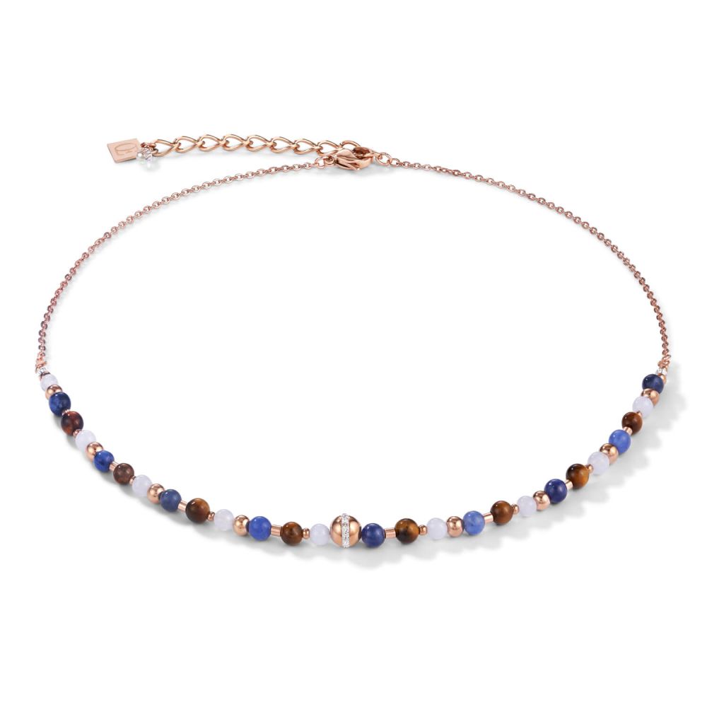 Rose Gold Plated & Blue-Brown Gemstones Ball Necklace