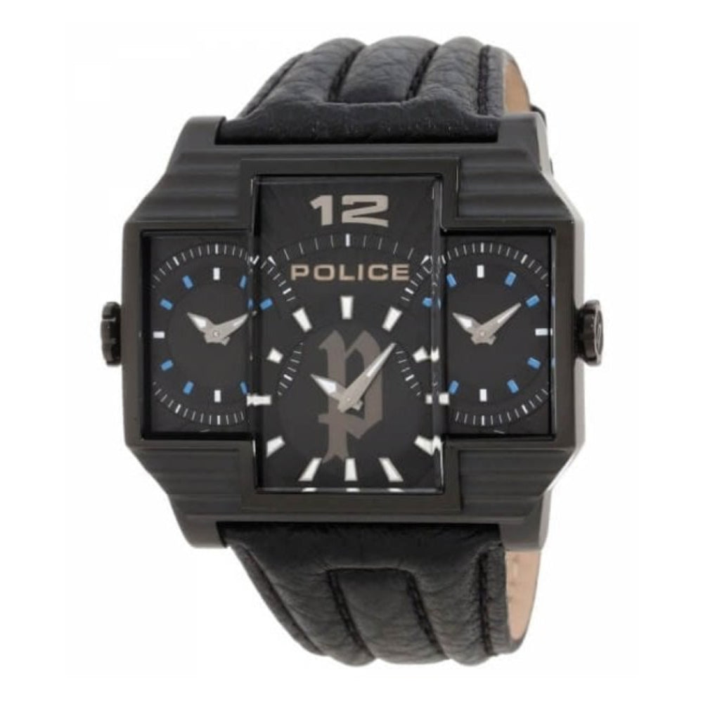 Black IP Steel Black 3 Dial & Black Leather Strap Hammerhead Gents Watch