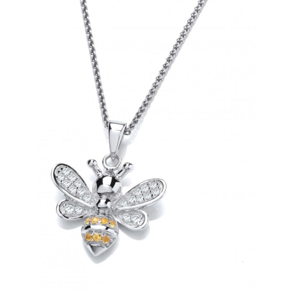 Silver CZ Yellow Honey Bee Pendant