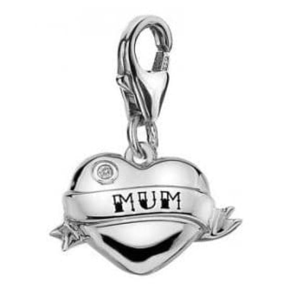 Ladies 'Mum' Heart With Ribbon Silver Charm