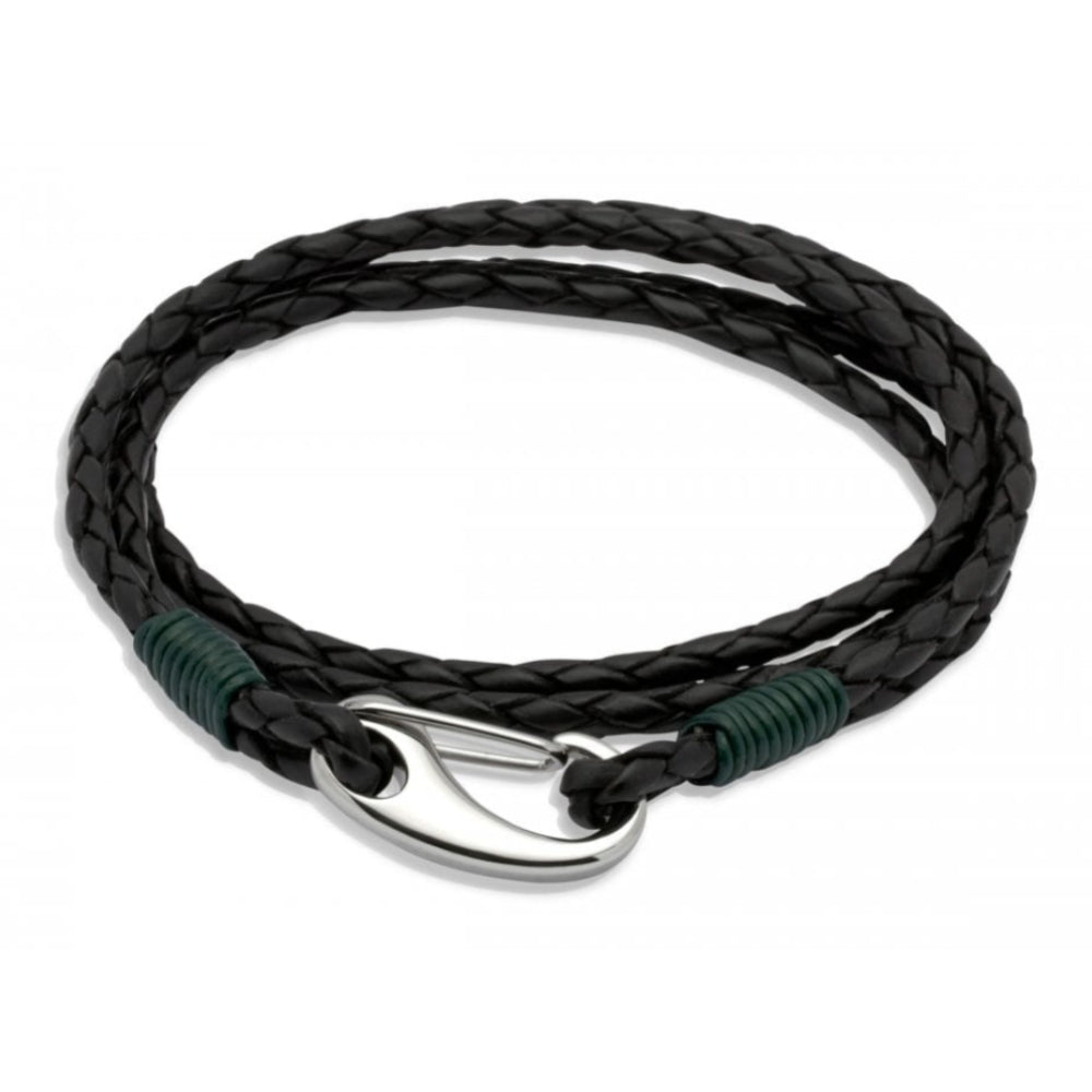 Black Leather Bracelet With Steel Shrimp Clasp-Dk. Green Binding