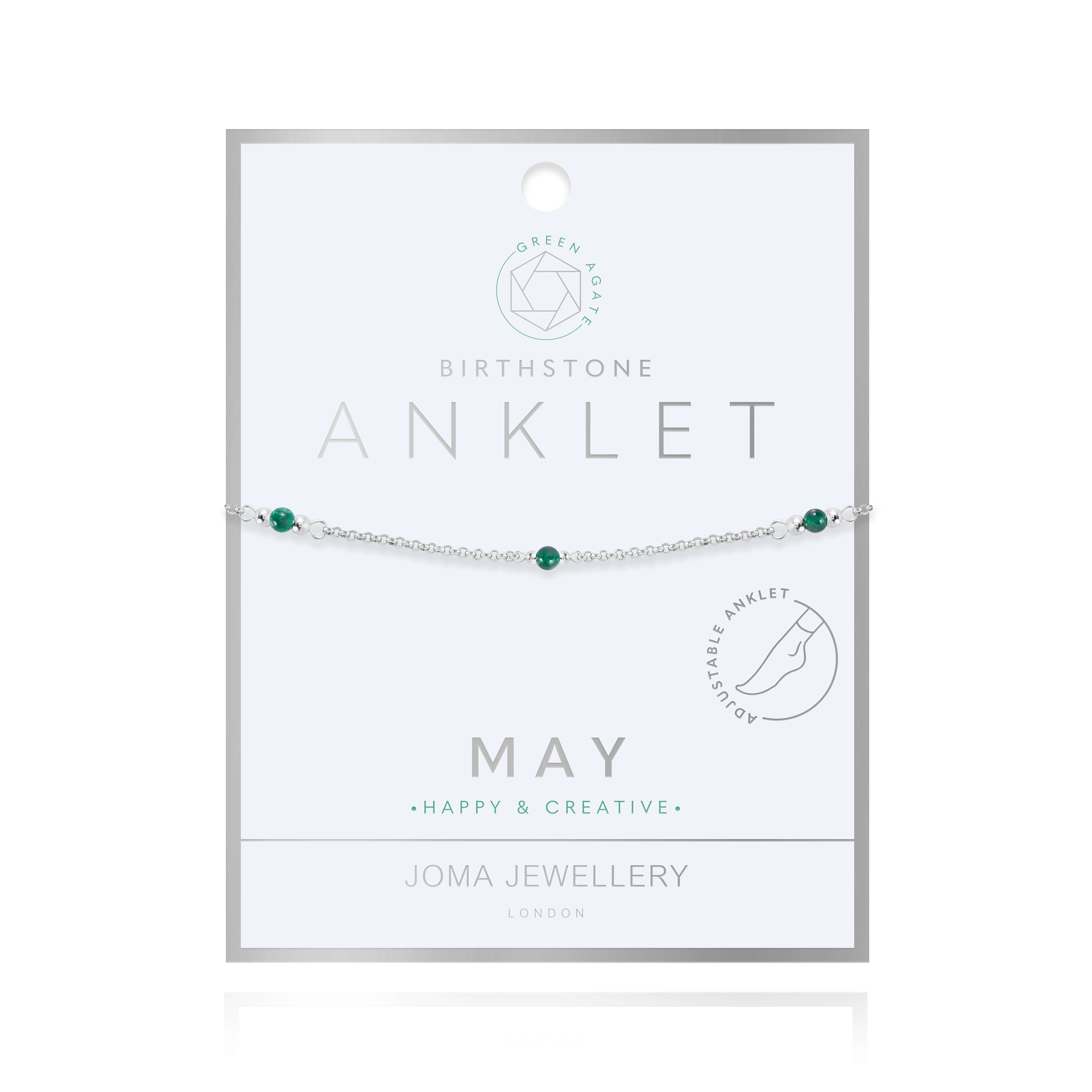Anklet | Birthstone May Green Agate | Silver | 26cm Adjustable