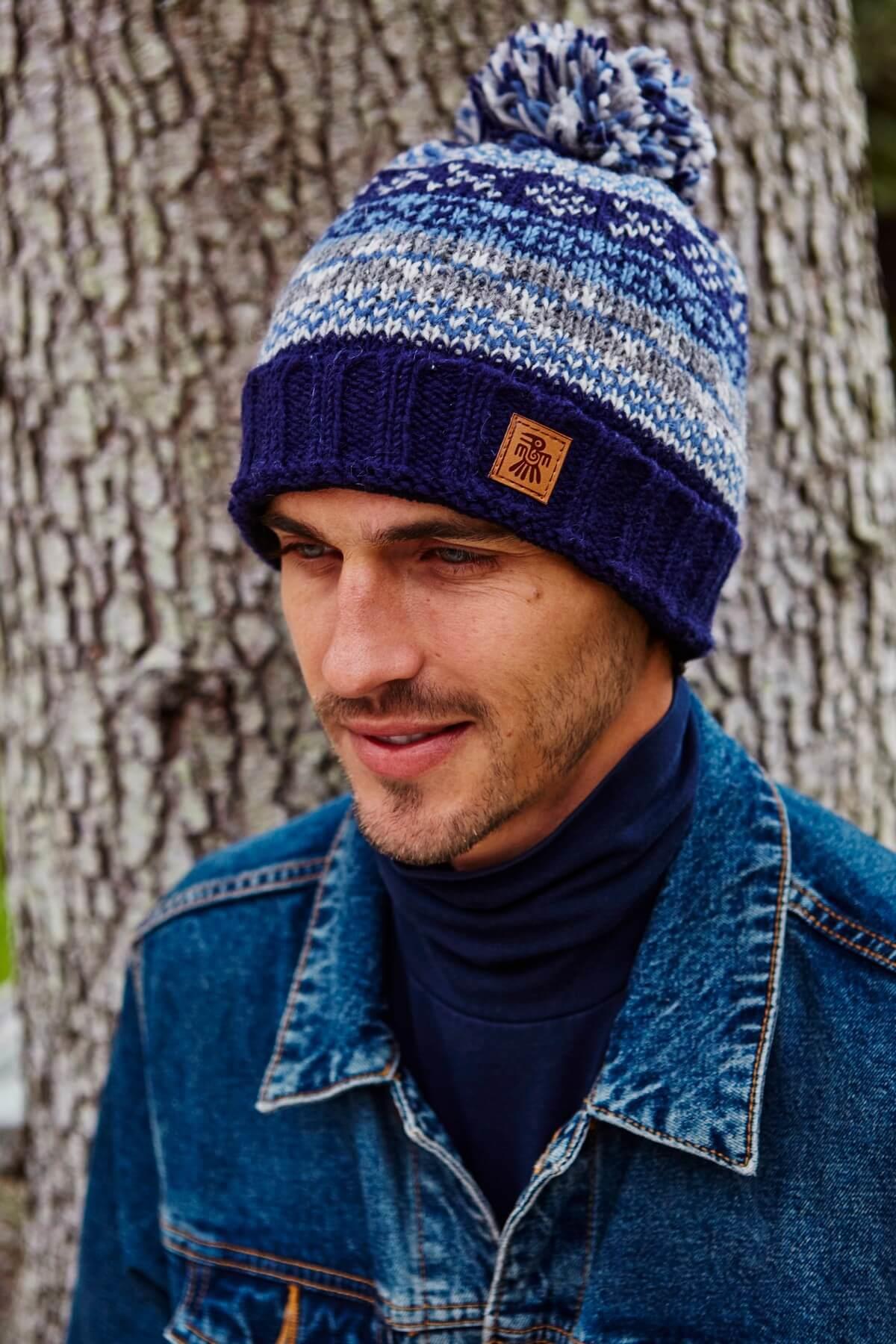 Mens Classic Fairisle Bobble Beanie Navy