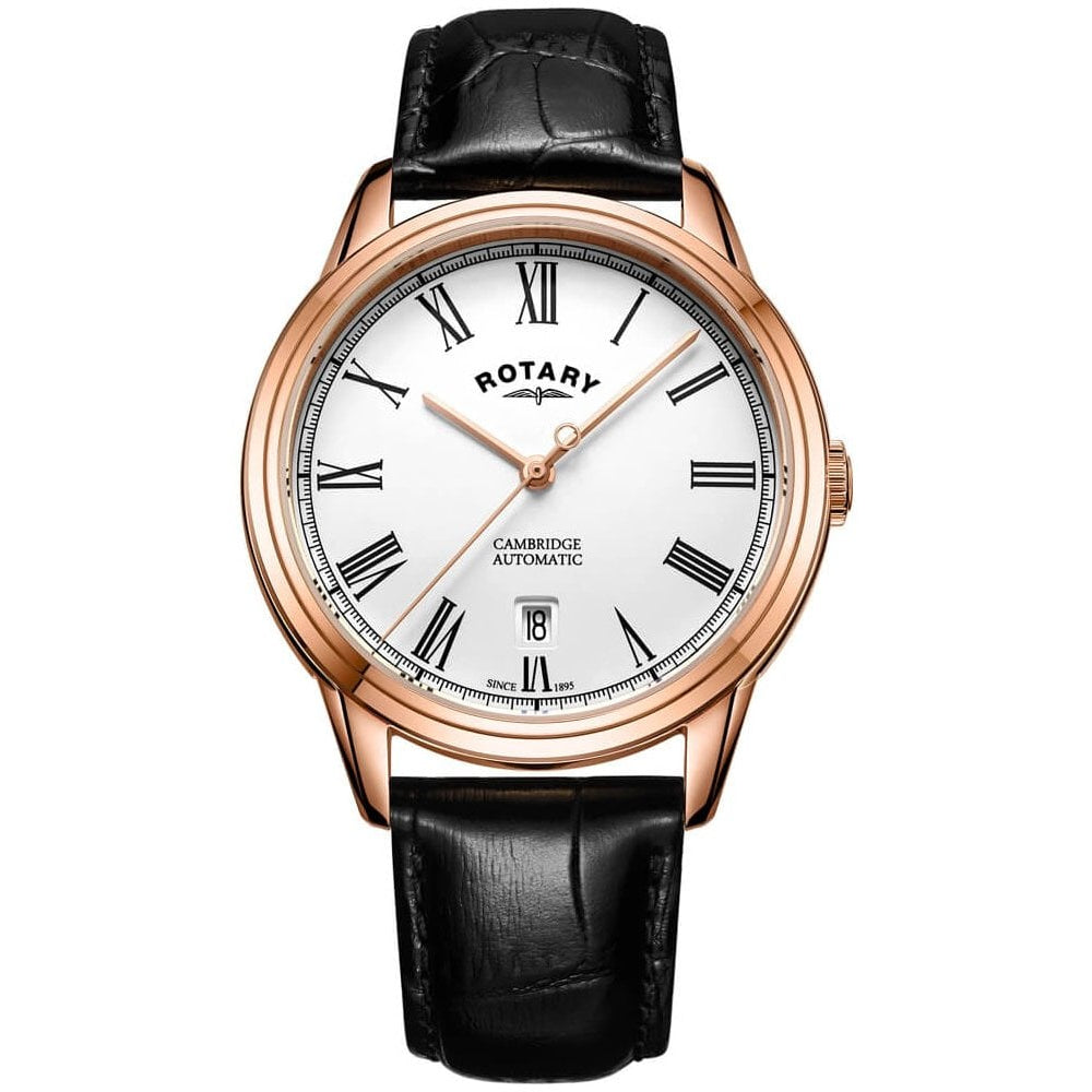 Rose Gold Tone Stainless Steel Case White Dial & Black Leather Strap Gents Cambridge Automatic Watch