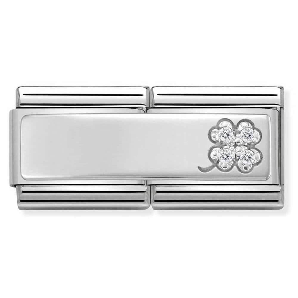 Classic Double Symbols Steel & 925 Silver Four Leaf Clover With CZ Link