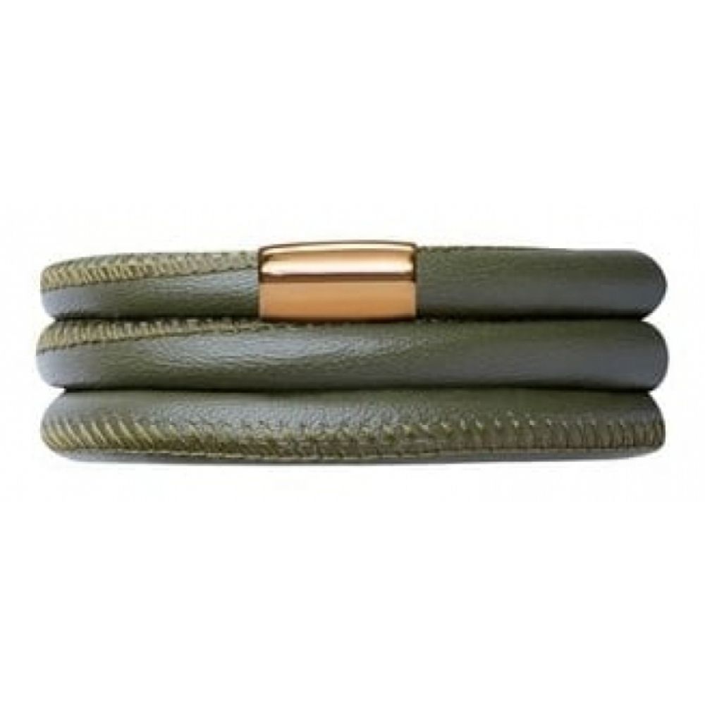 Gold Plated Triple Band Green Leather Bracelet
