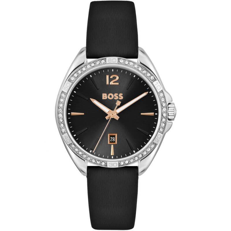 Felina Crystal Set Black Dial & Leather Strap Ladies Watch