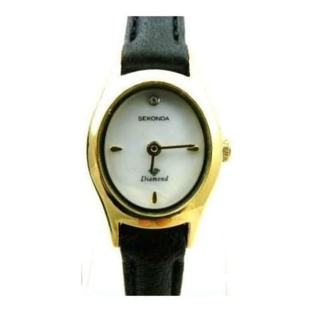 Ladies Black Leather Mother Of Pearl Strap Watch
