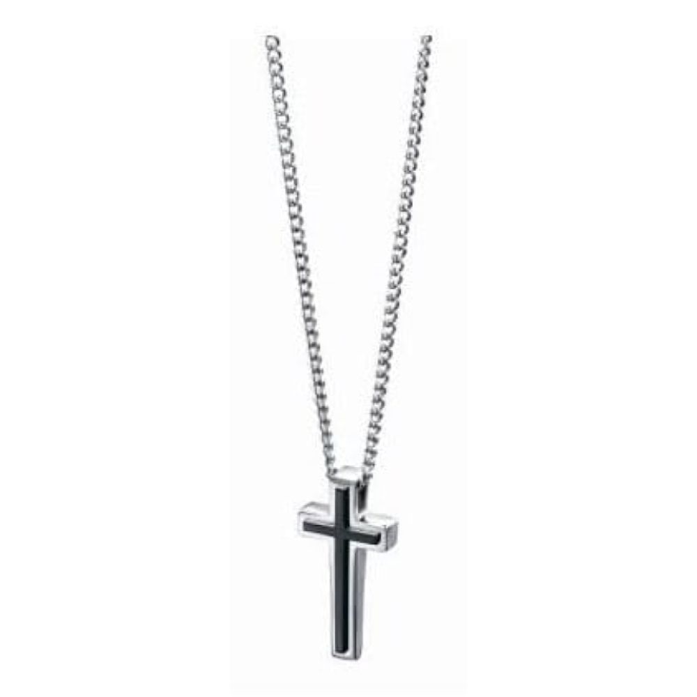 Stainless Steel Cross Pendant with Black PVD Detail on Curb Chain