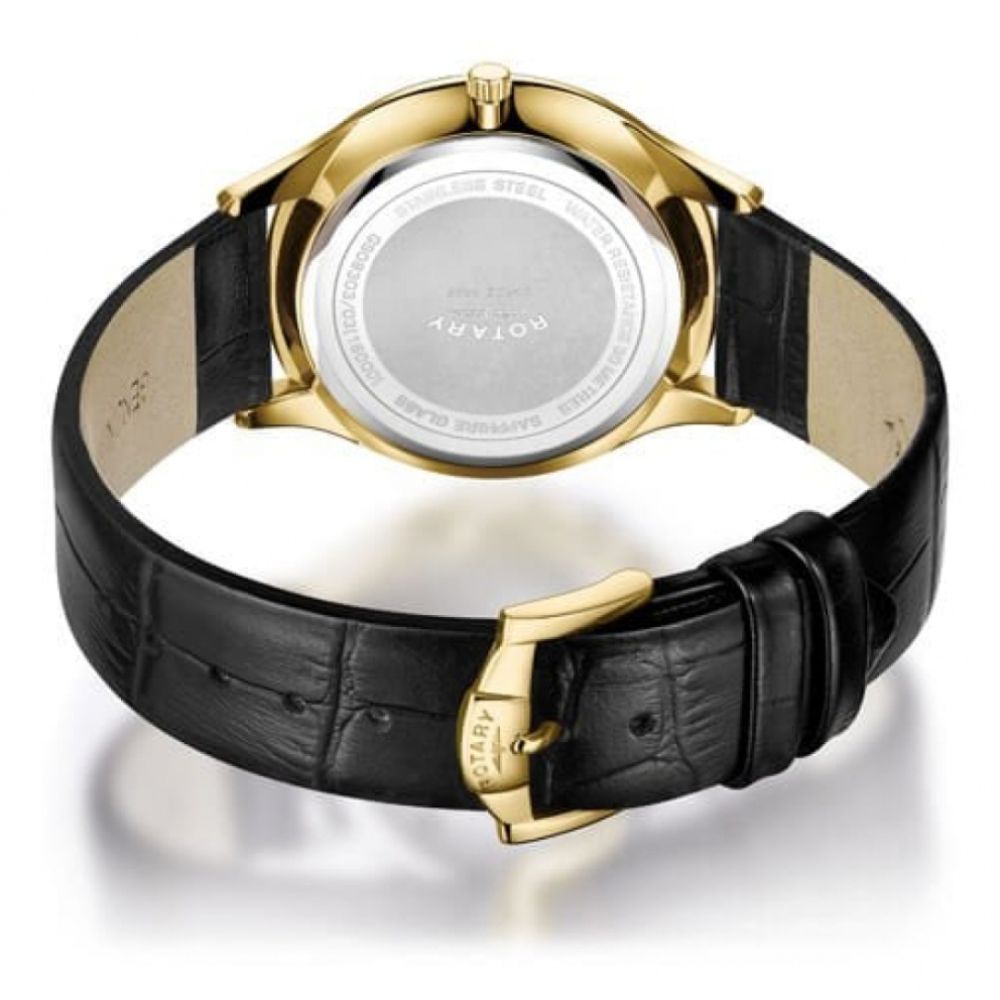 Ultra Slim Gold Tone Stainless Steel Champagne Dial With Black Leather Strap Gents Watch