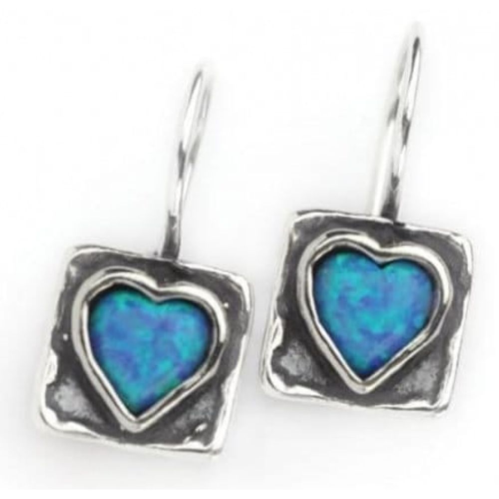 Handmade Square Hook Earrings With Heart Opal Stone