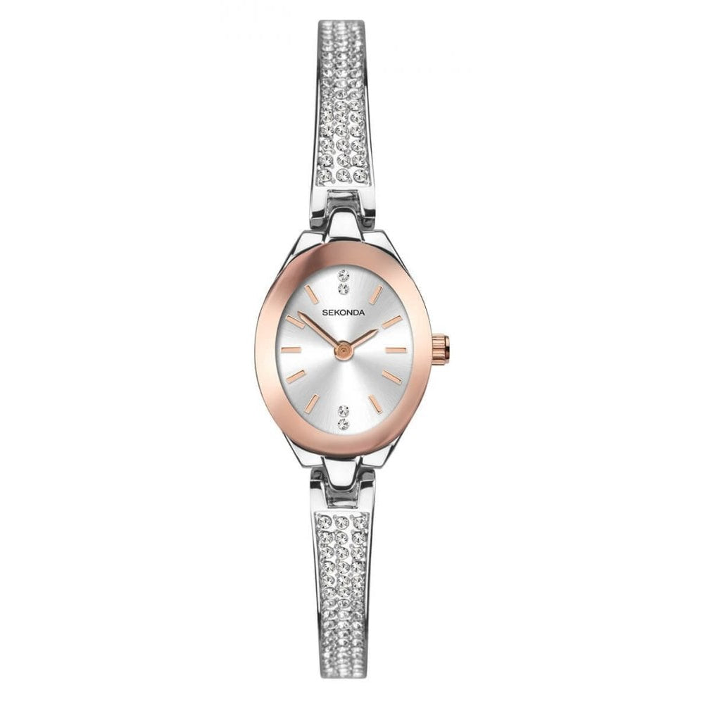 Rose Gold Case With Silver Dial & Silver Stone Set Semi Bangle Bracelet Strap Ladies Watch