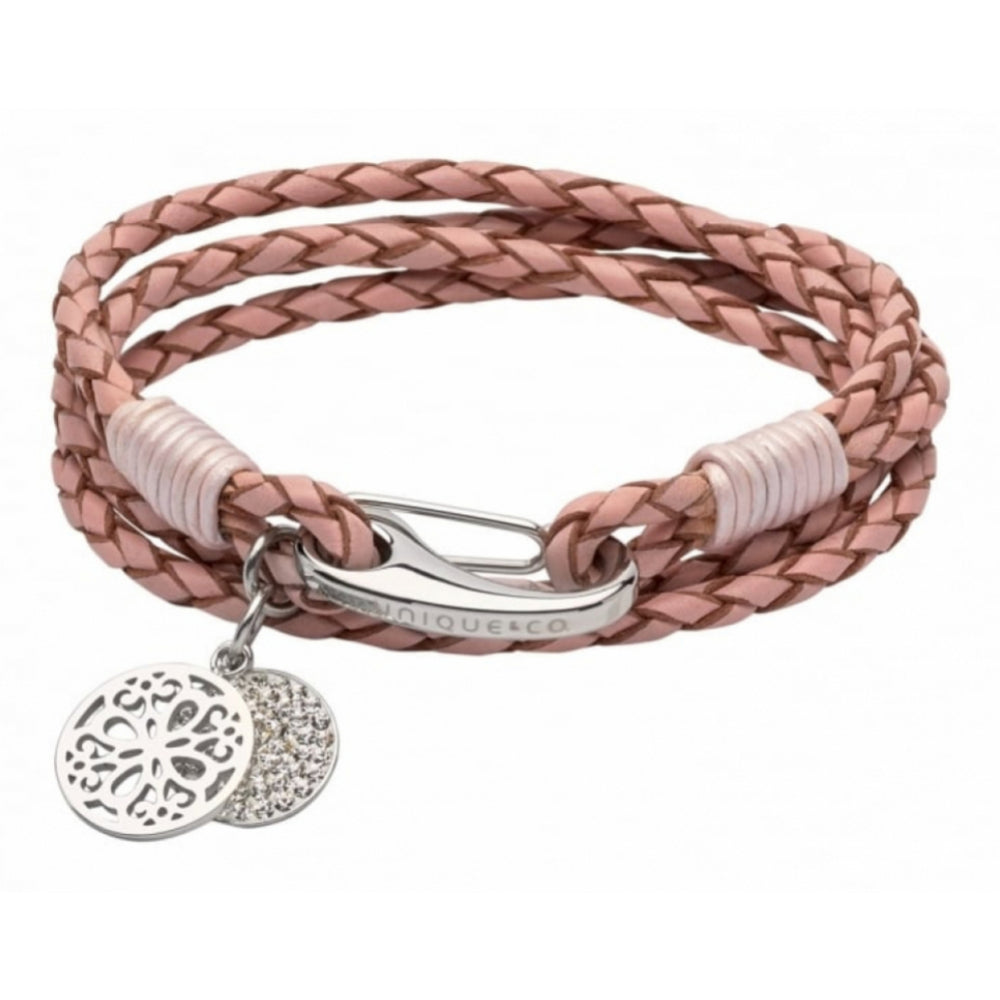 Pink Leather Bracelet with Steel Clasp, Flower & Crystal Disc