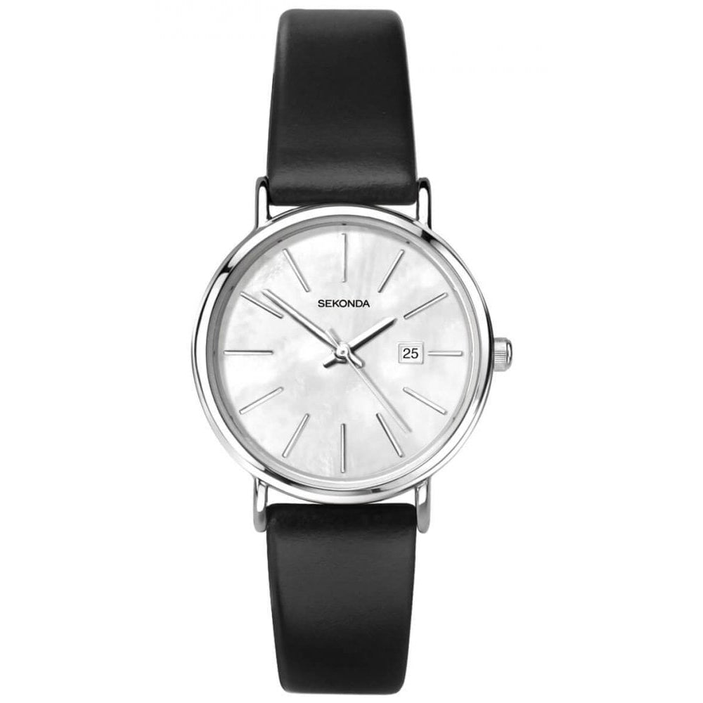 Stainless Steel MOP Dial With Black Leather Strap Ladies Watch