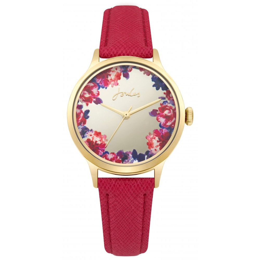 Raspberry Saffiano Leather Strap Gold Mirror Dial Floral Print Ladies Watch