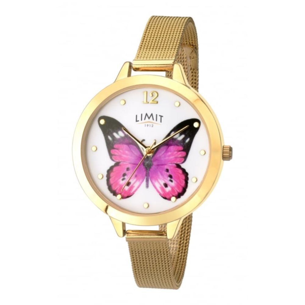 Stainless Steel Butterfly Print White Dial & Mesh Bracelet Strap Ladies Watch