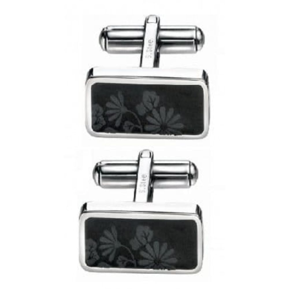 Stainless Steel Cufflinks With Black Flower Design