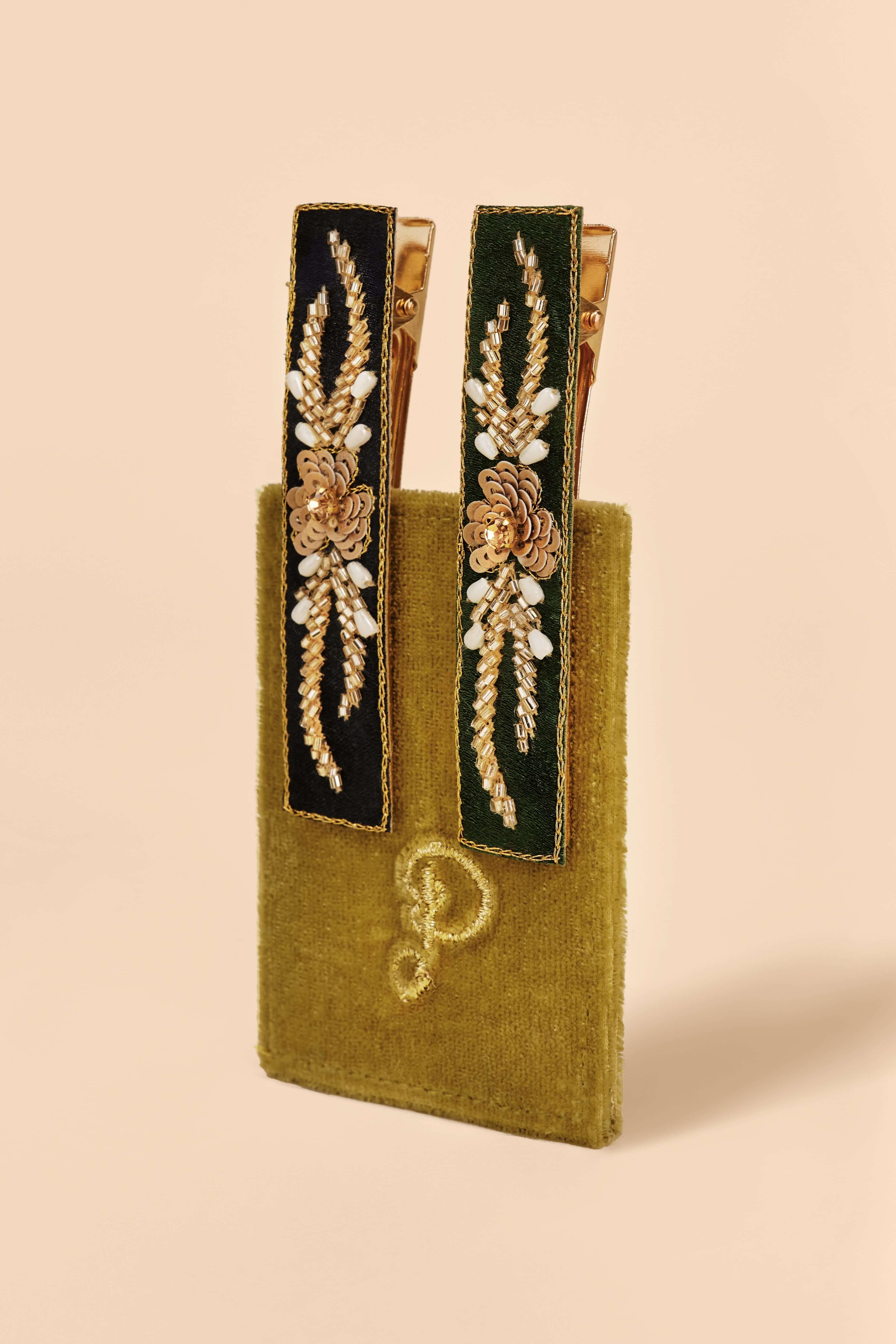 Narrow Jewelled Hair Bar (Set of 2) - Bouquet, Charcoal & Forest