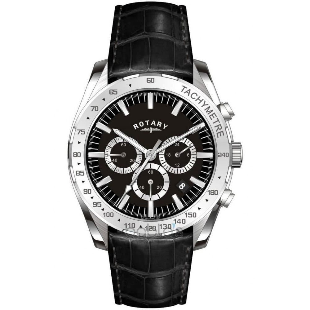 Mens Black Leather Tachymetre Watch