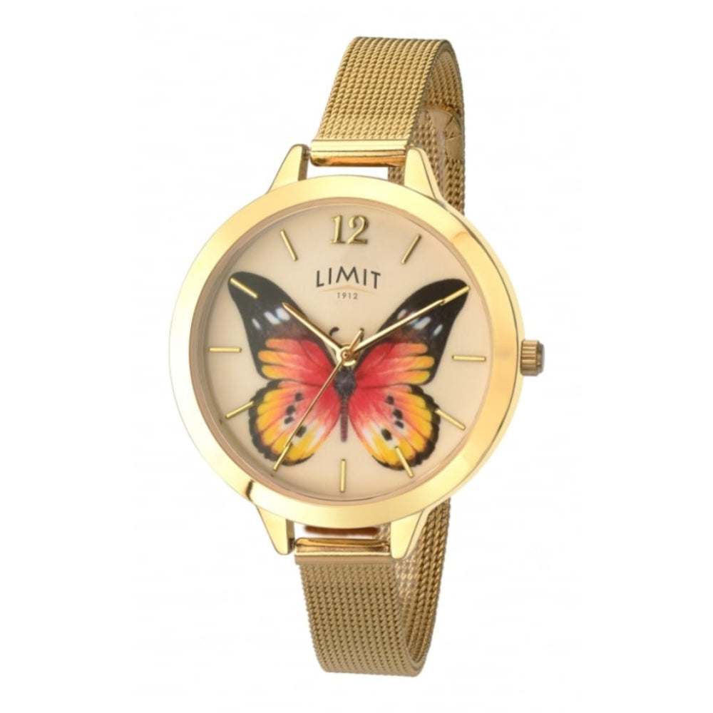 Gold Tone Stainless Steel Butterfly Print Matt Gold Dial & Mesh Strap Ladies Watch