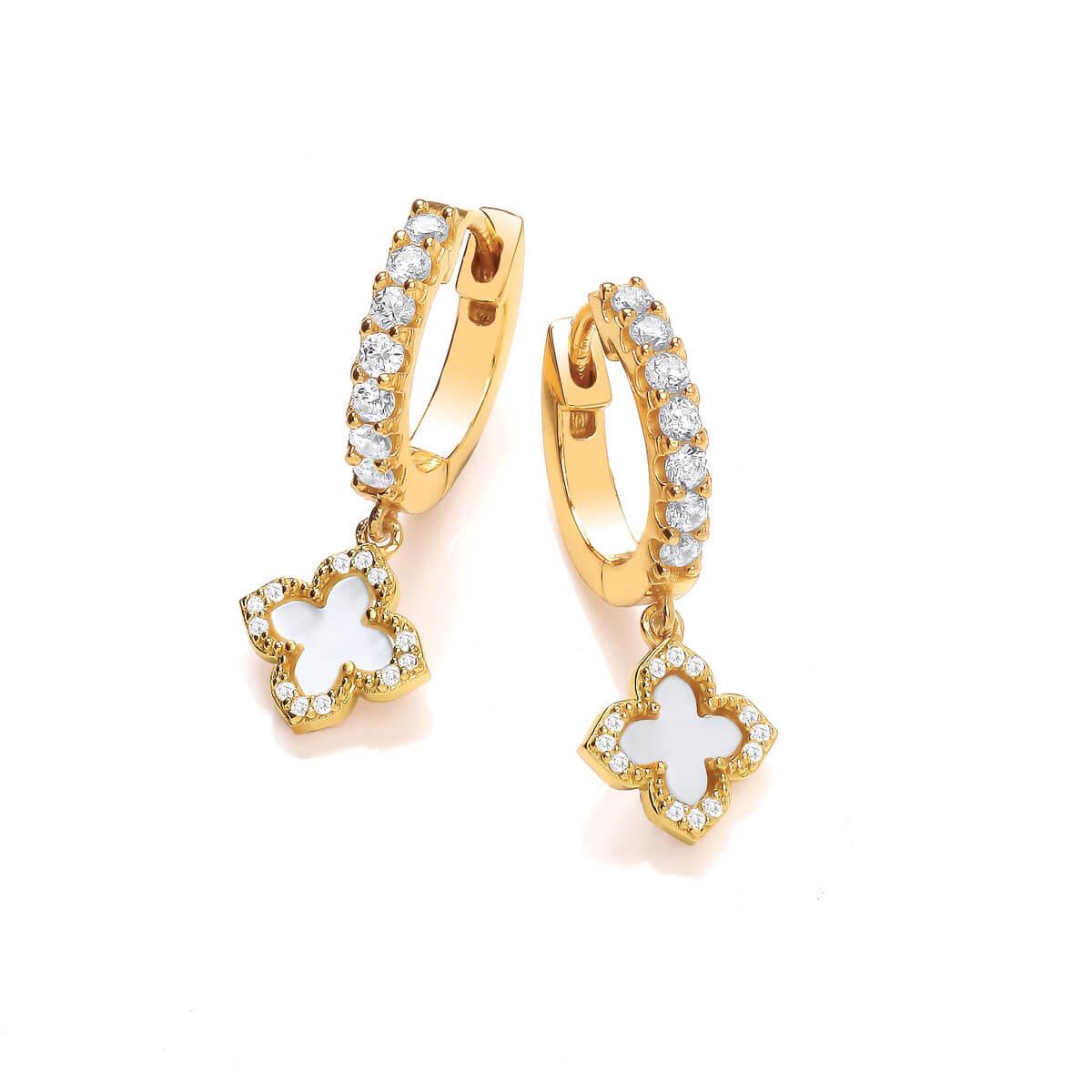 Silver, Gold & Pink MOP Clover Leaf Huggie Earrings