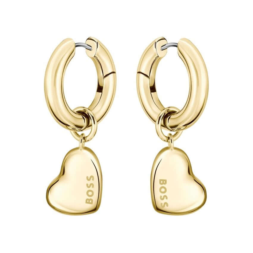 Gold Tone Huggie Hoop Earrings With Heart Charms