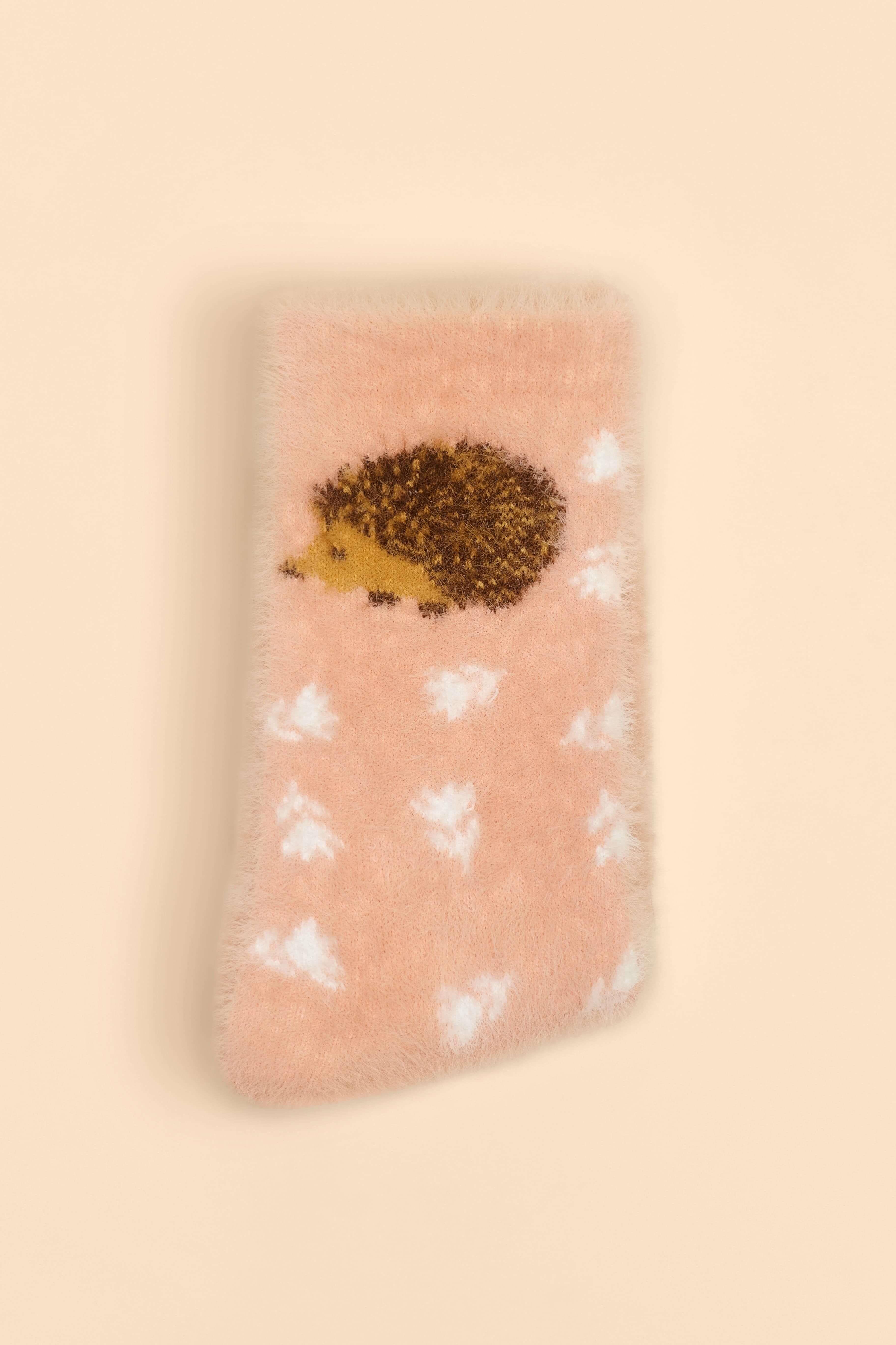 Happy Hedgehog Fuzzy Slipper Socks - Petal