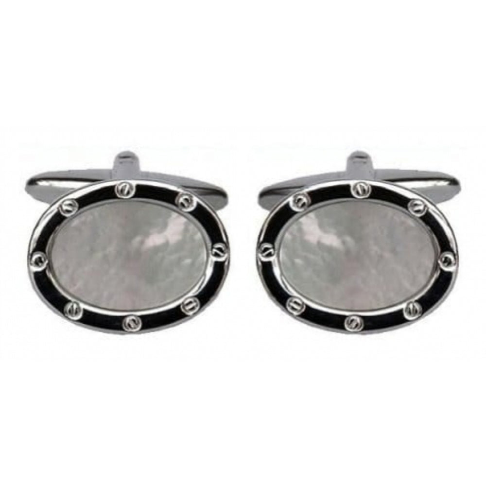 Gents Oval Rhodium Mother Of Pearl Cufflinks