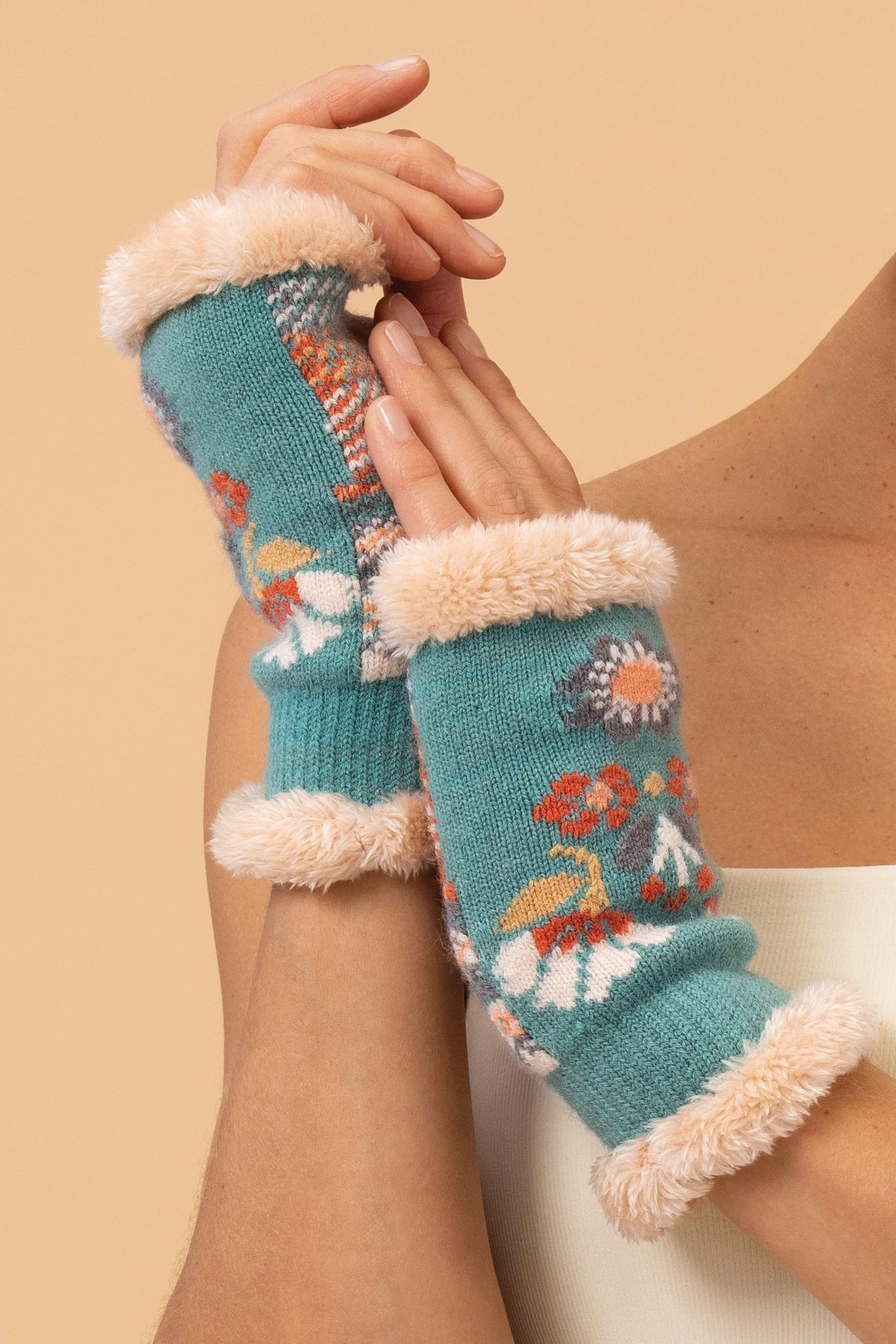Ladies Cosy Floral Wrist Warmers - Aqua