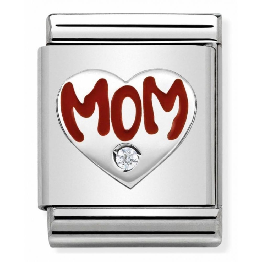 Composable Big Stainless Steel, Sterling Silver, Enamel & Cubic Zirconia MOM Heart Symbol Charm