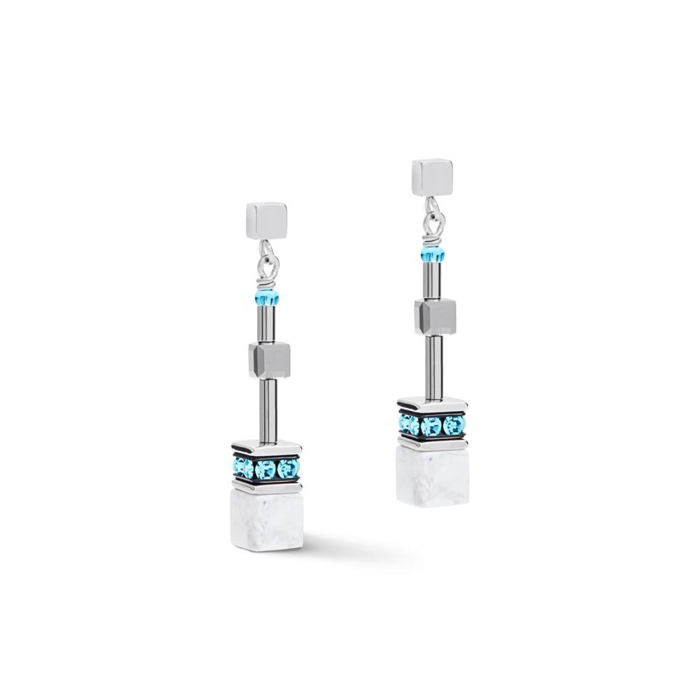 Medium Aqua-White Geo Cube Earrings With Stickpin