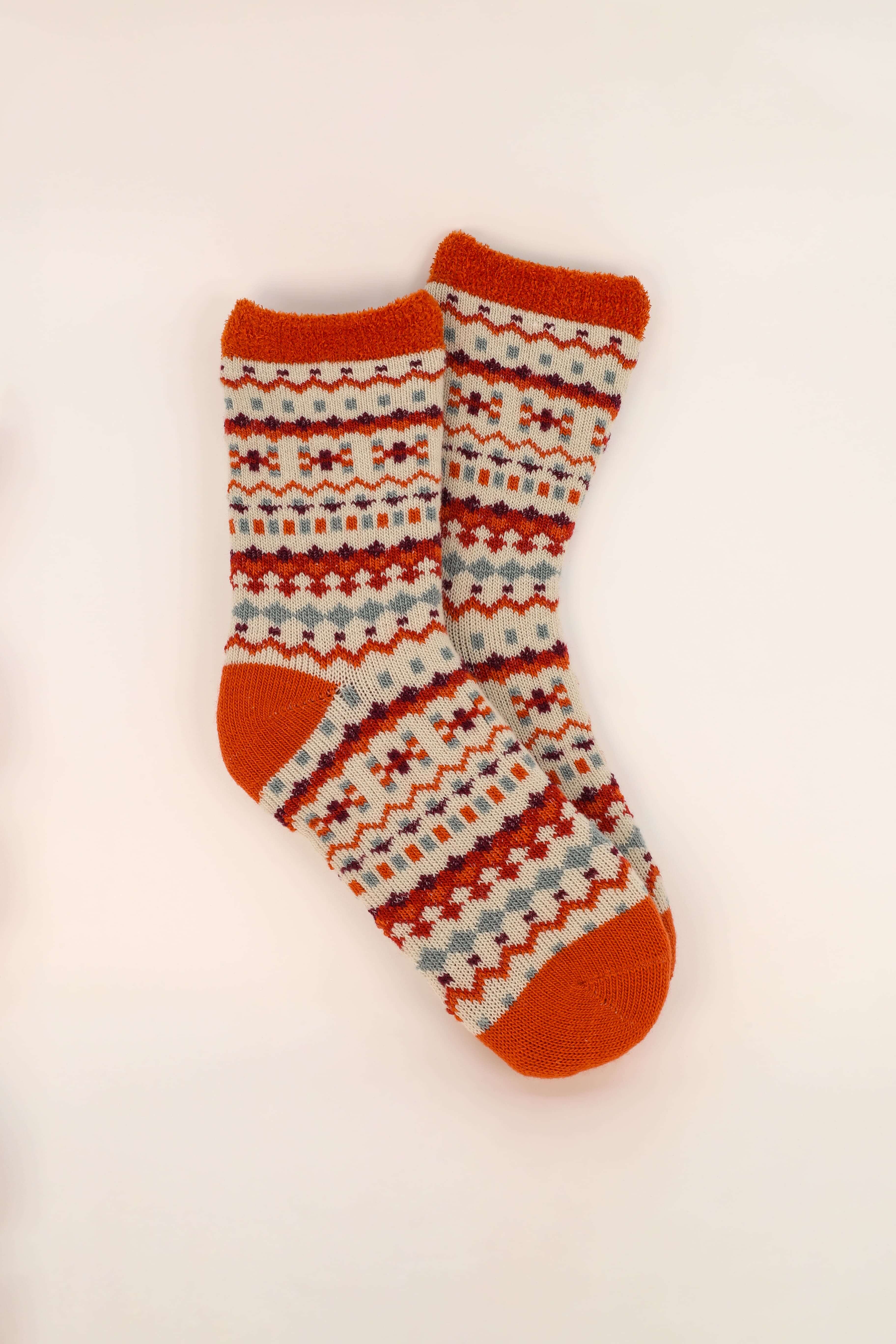 Cosy Fair Isle Pretty Pattern Ankle Socks Tangerine