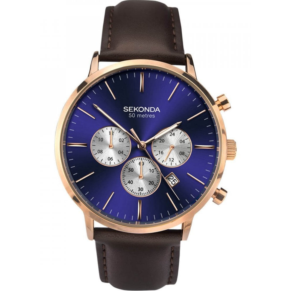 Rose Gold Tone Case With Dual Time Blue Dial & Brown Leather Strap Gents Watch