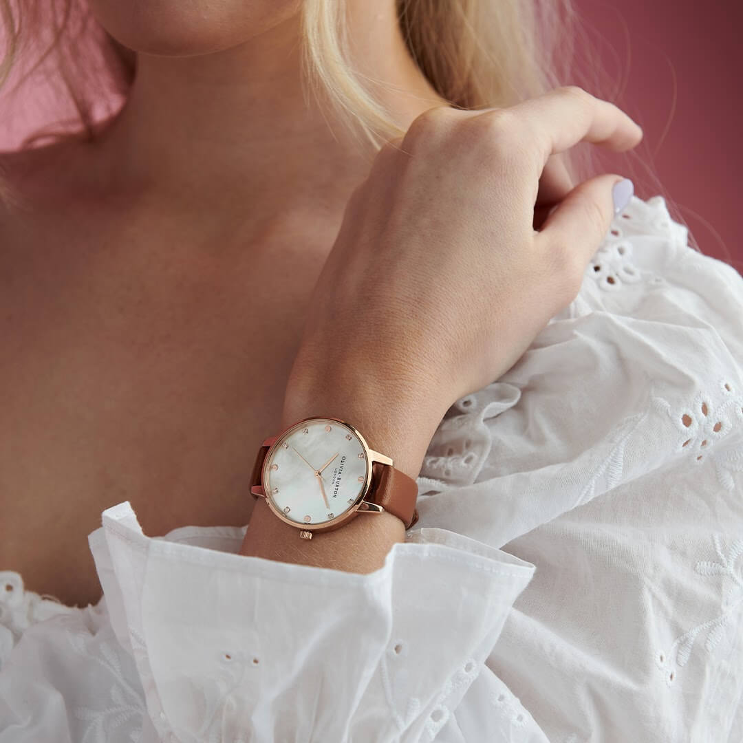 Ionic Rose Gold Plated Steel Demi Mother Of Pearl Dial Tan Strap Classics Ladies Watch
