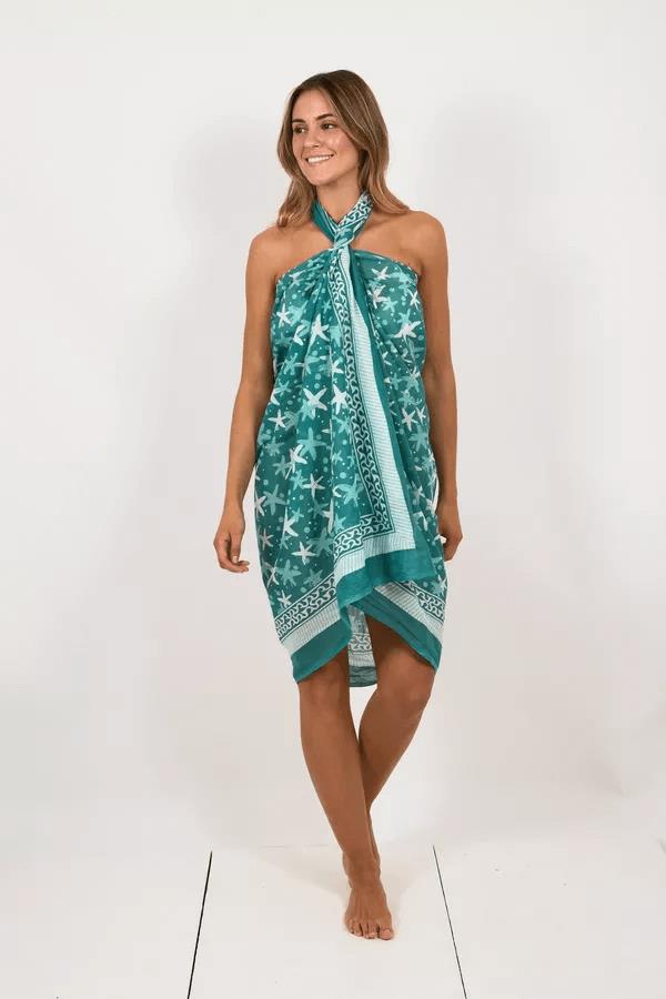 Hand Printed Cotton Sarong Starfish Green