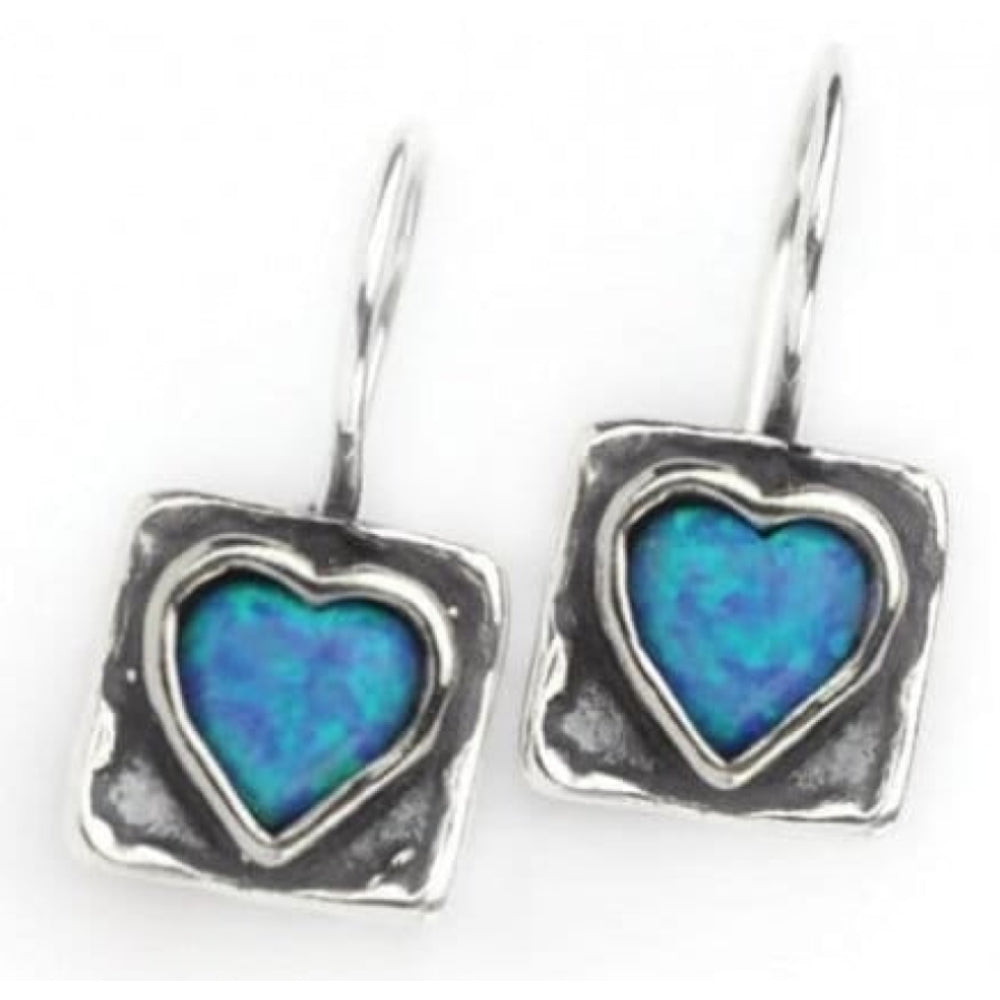 Handmade Square Hook Earrings With Heart Opal Stone