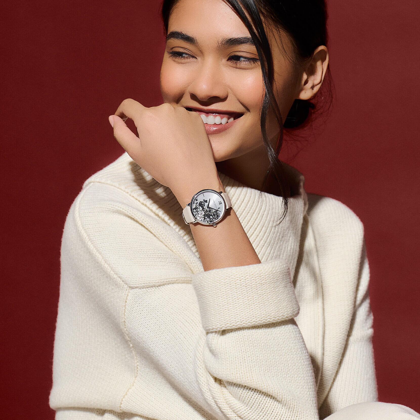Floral Blooms Ultra Slim Silver & Antique Pearl Leather Strap Watch