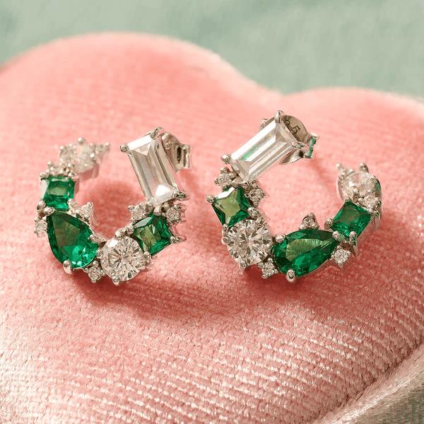 Lottie Cluster Sideways Hoops In Emerald, Clear CZ & Silver