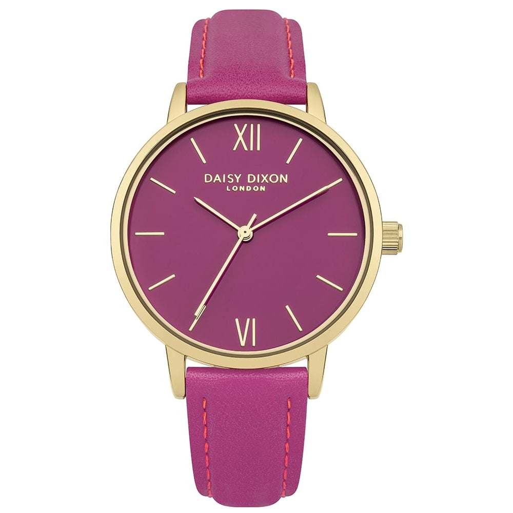 Tara Watch Gold Tone Case & Glossy Pink Dial With Pink Leather Strap