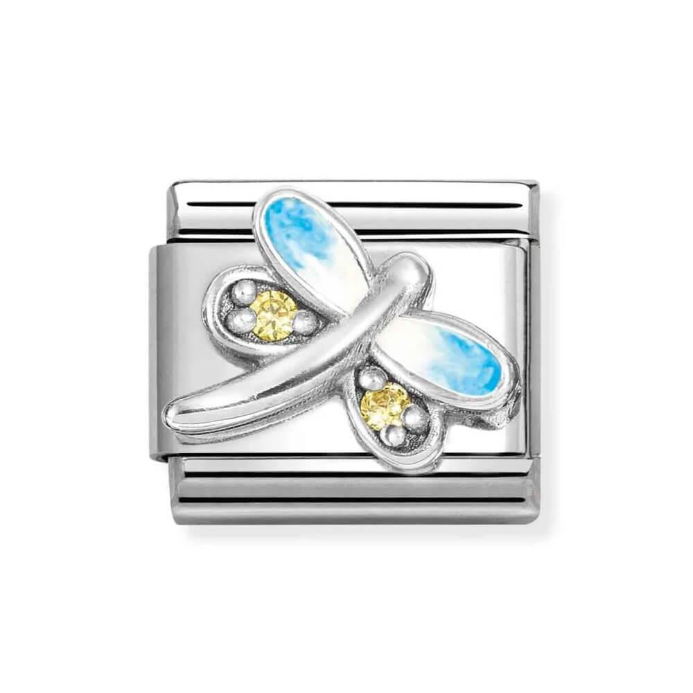 Composable Classic Steel Link With Dragonfly Symbol in 925 Silver With Blue Enamel & CZ