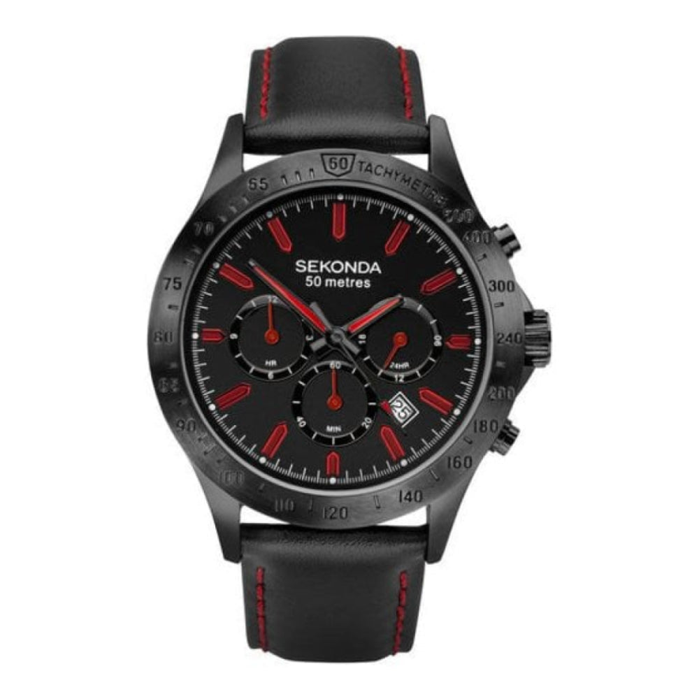 Black Leather Strap With Black Ionic Plated Case & Black Dial Dual Time Gents Watch