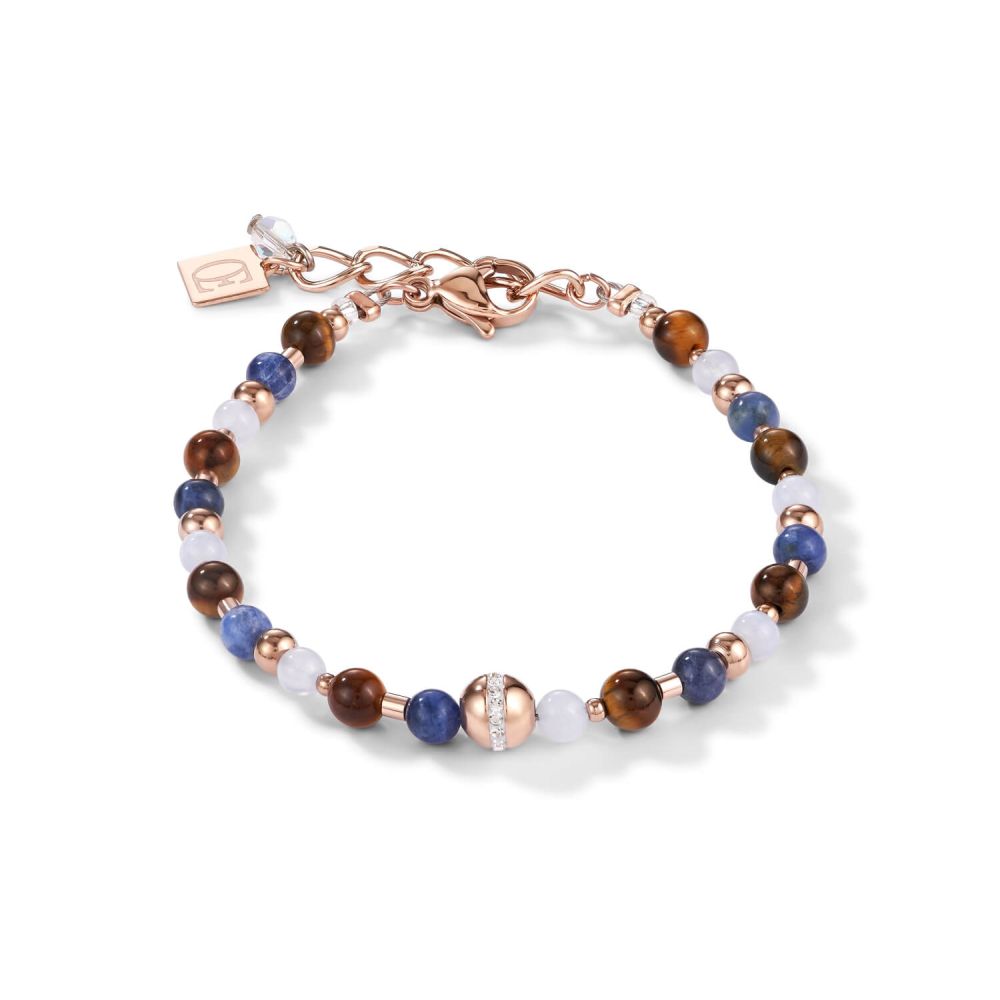 Rose Gold Plated & Blue-Brown Gemstones Ball Bracelet