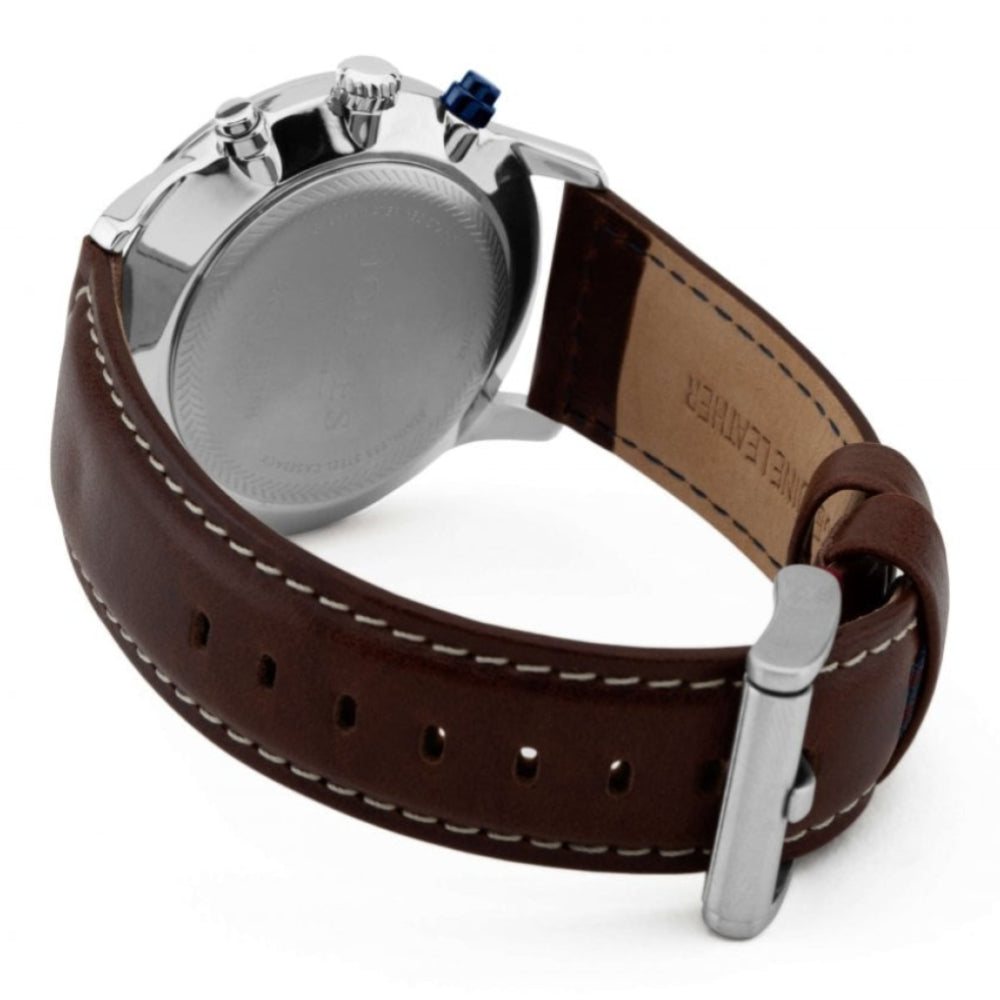 Brown Leather Strap Cream Multi Dial Gents Watch