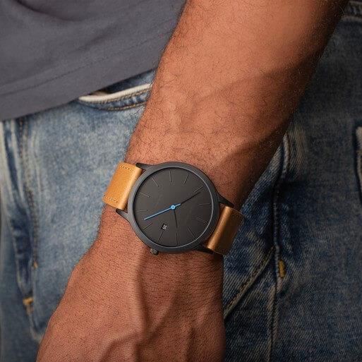 Bergen Black Dial With Black Alloy Case & Tan Leather Strap Men's Watch