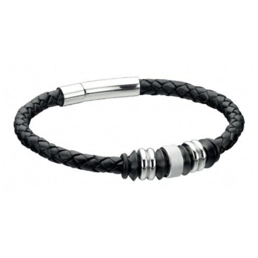 Gents Black Stainless Steel & Leather Disc Bracelet