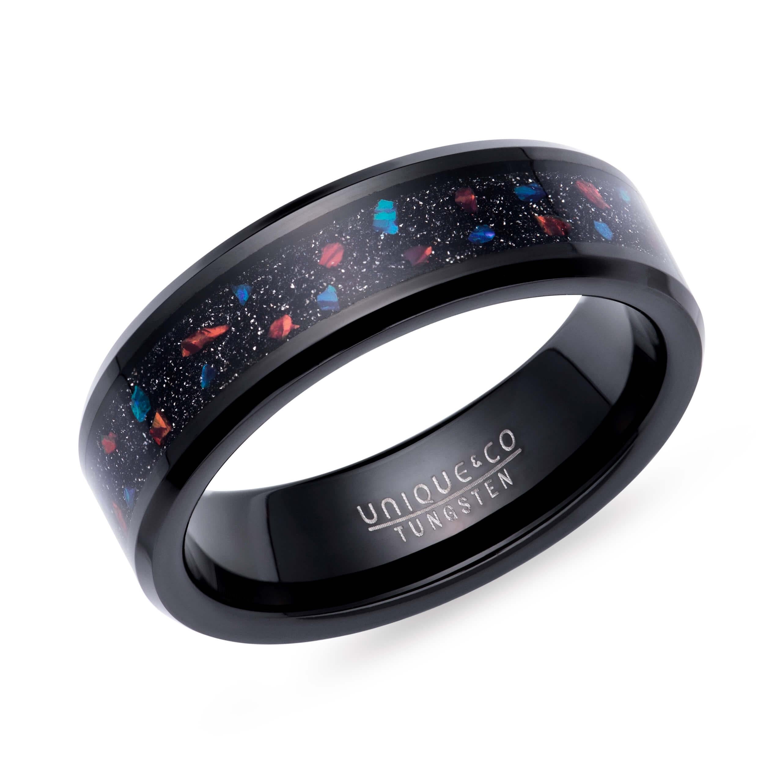 Black IP Tungsten Carbide Ring with Opal & Red Stone