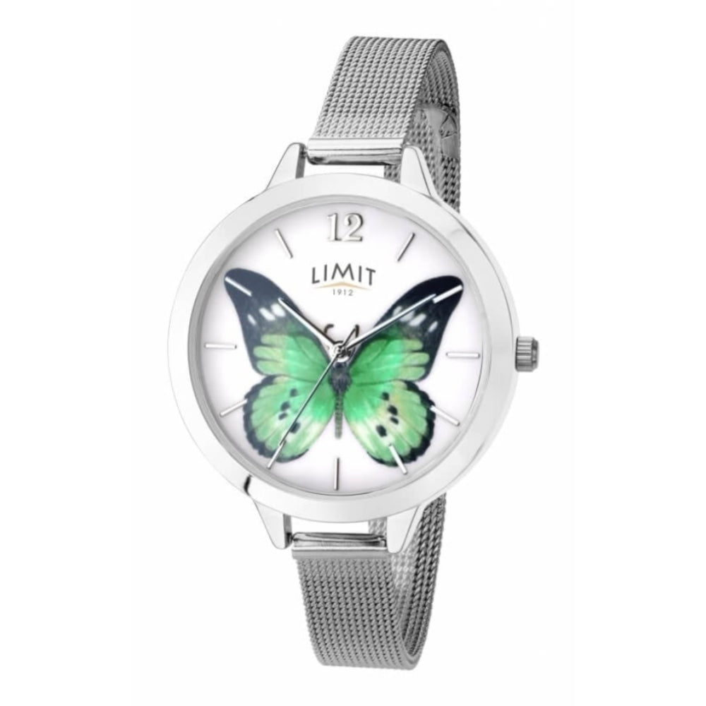 Stainless Steel Butterfly Print Dial & Mesh Strap Ladies Watch