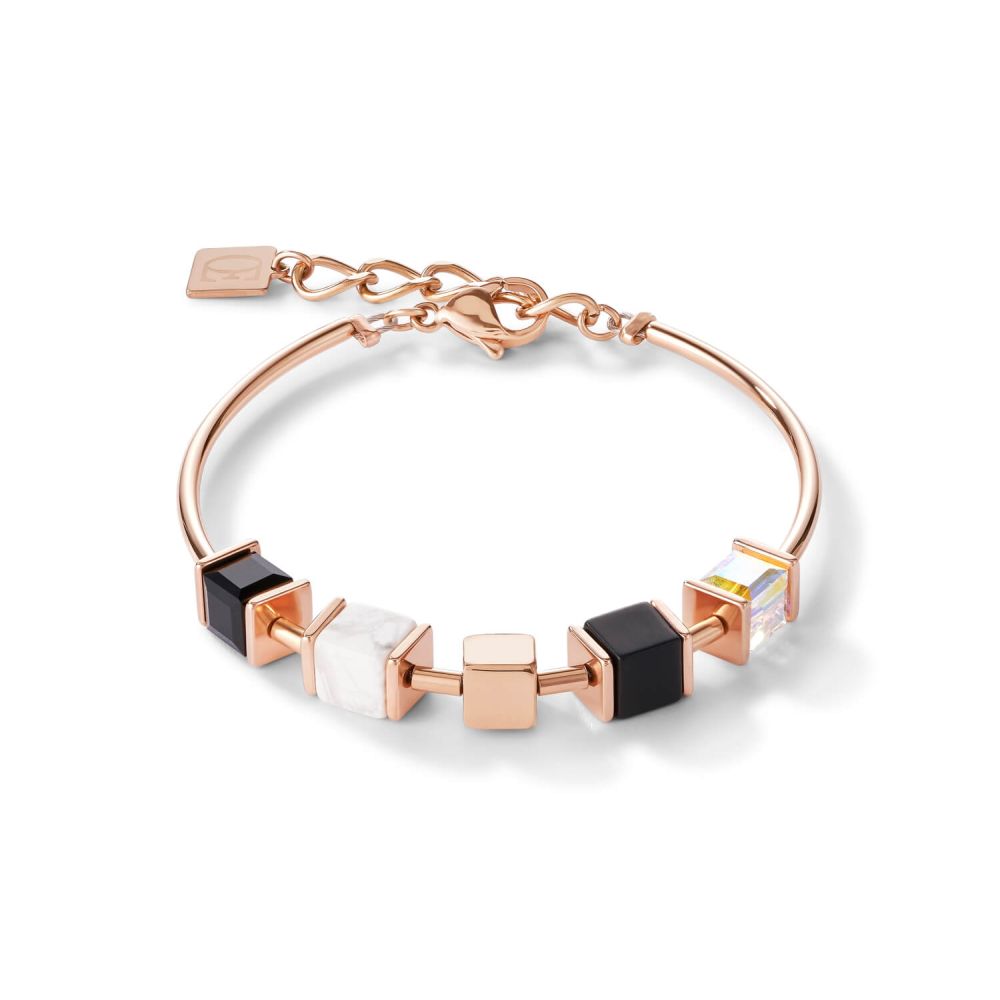 Black-white Geo Cube & Rose Gold Plated Chain Bracelet