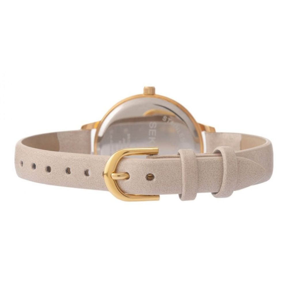 Gold Plated Case With Lace Patterned Champagne Dial & Beige PU Strap Ladies Watch